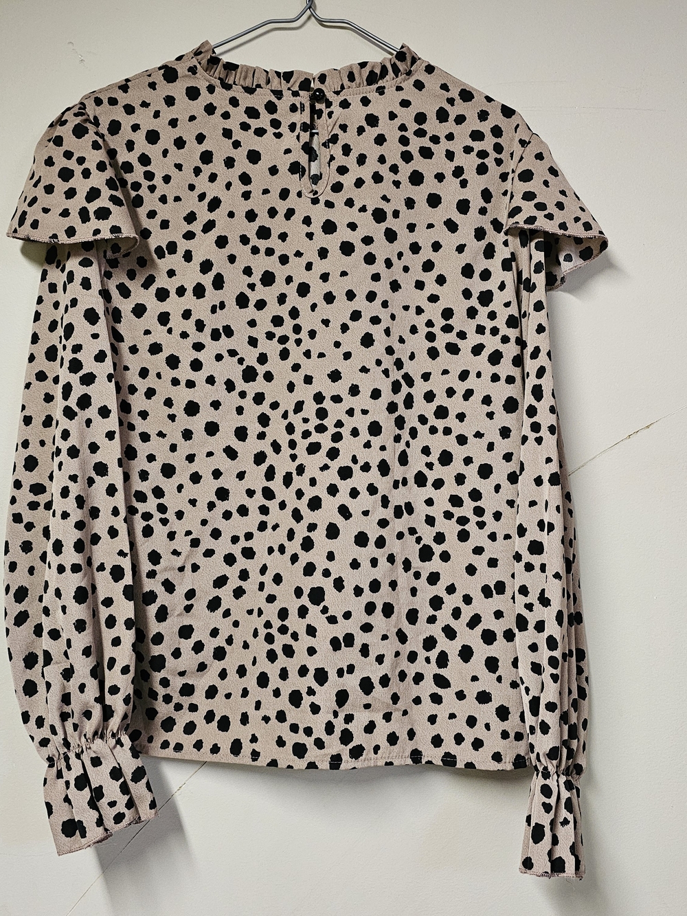 Womens Dalmatian Print Blouse Khaki Ruffle Trim Lantern Sleeve Top